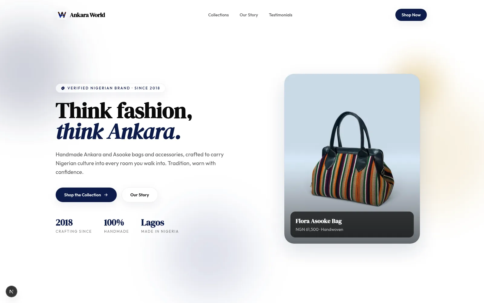 Ankara World fashion brand website with smooth-scroll storytelling and featured collections
