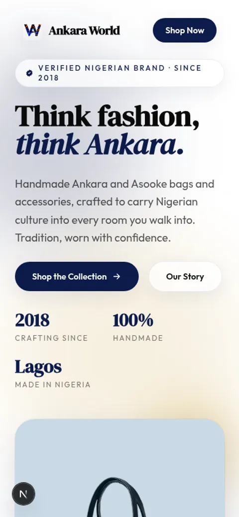 Ankara World fashion brand website with smooth-scroll storytelling and featured collections on mobile