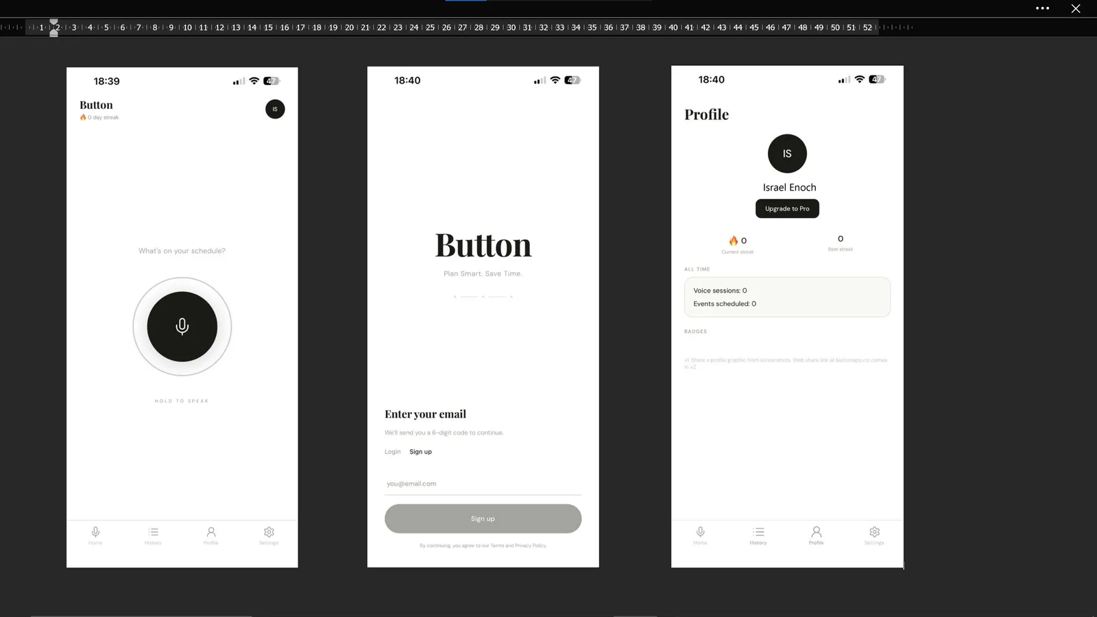Button event planner mobile app screenshots showing voice-to-calendar planning