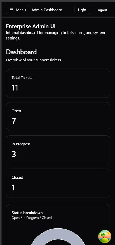 Enterprise admin UI with ticket management tables, bulk actions, and sidebar navigation on mobile
