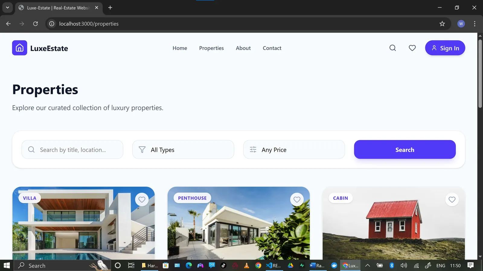 Workload Studios Estate real estate website displaying property listings with search and inquiry features