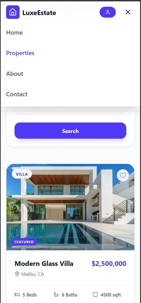 Workload Studios Estate real estate website displaying property listings with search and inquiry features on mobile