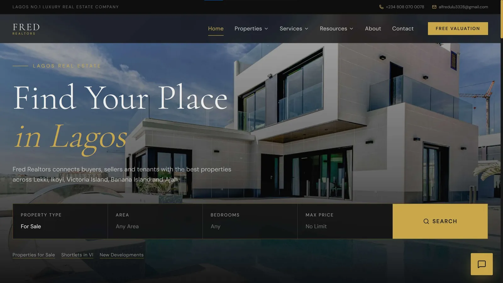 Fred Realtors real estate website with property listings, area guides, and AI assistant