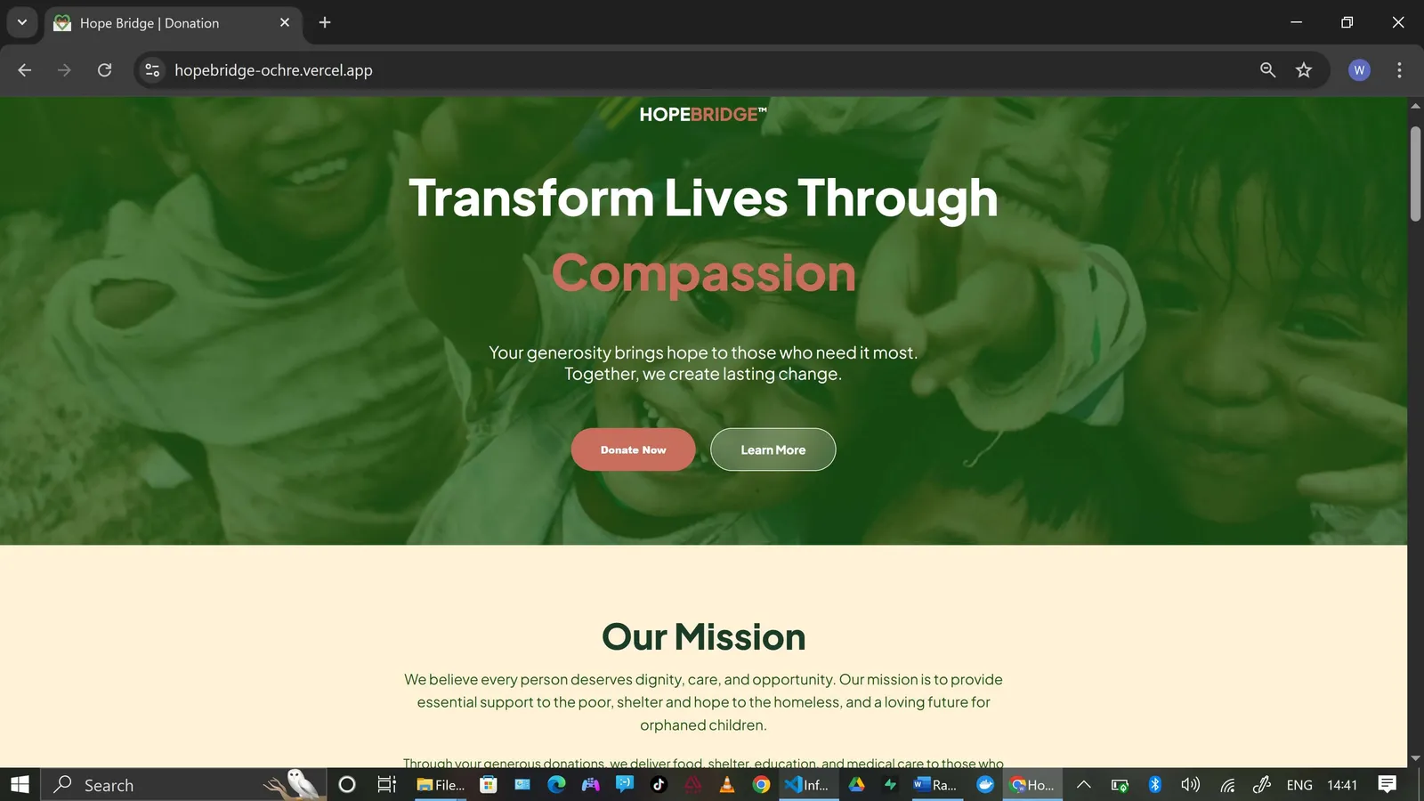 HopeBridge donation website with campaign highlights and giving flow