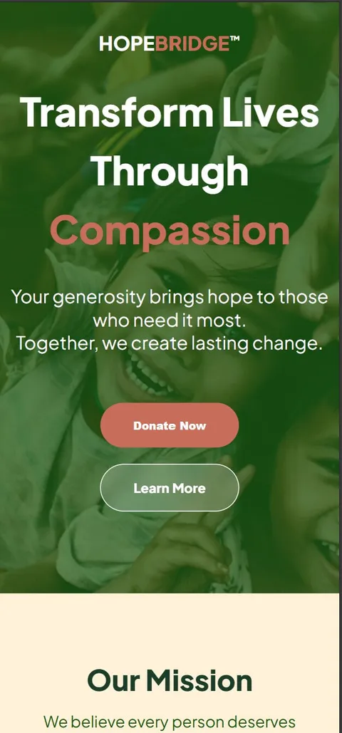 HopeBridge donation website with campaign highlights and giving flow on mobile