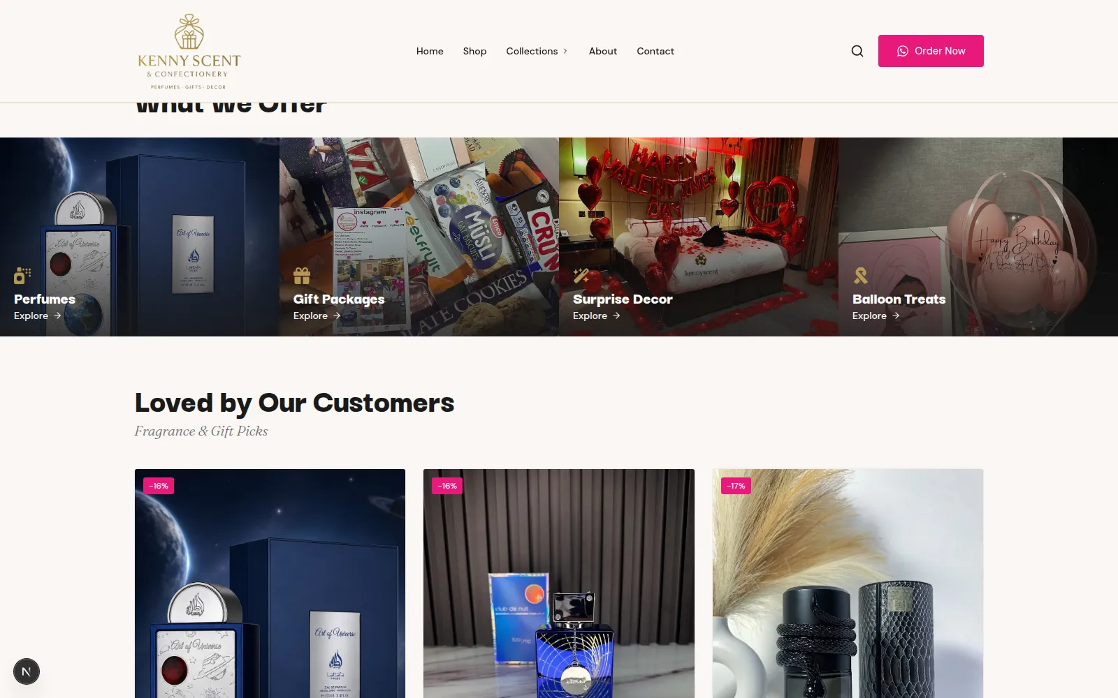 Kennyscent & Confectionery online shop with perfume collections, product pages, and WhatsApp ordering