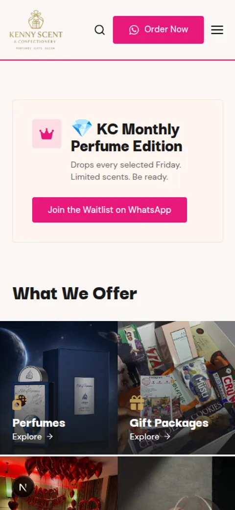 Kennyscent & Confectionery online shop with perfume collections, product pages, and WhatsApp ordering on mobile
