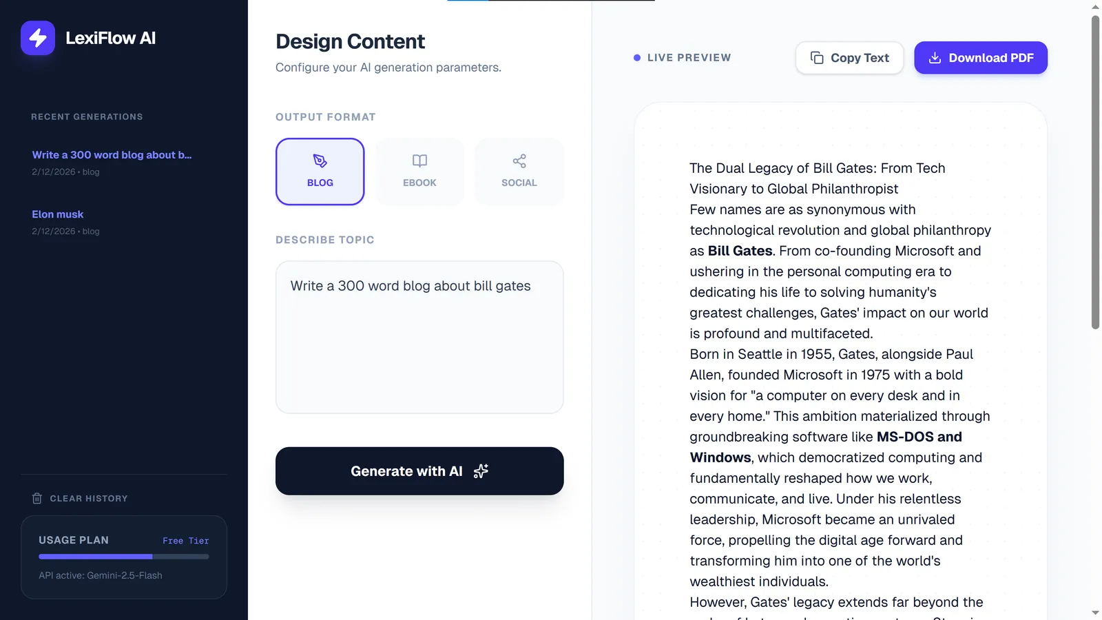 LexiFlow AI web application showing conversation interface and language processing features