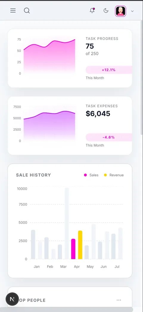Obsidian SaaS admin dashboard showing analytics widgets, task management, and responsive navigation on mobile