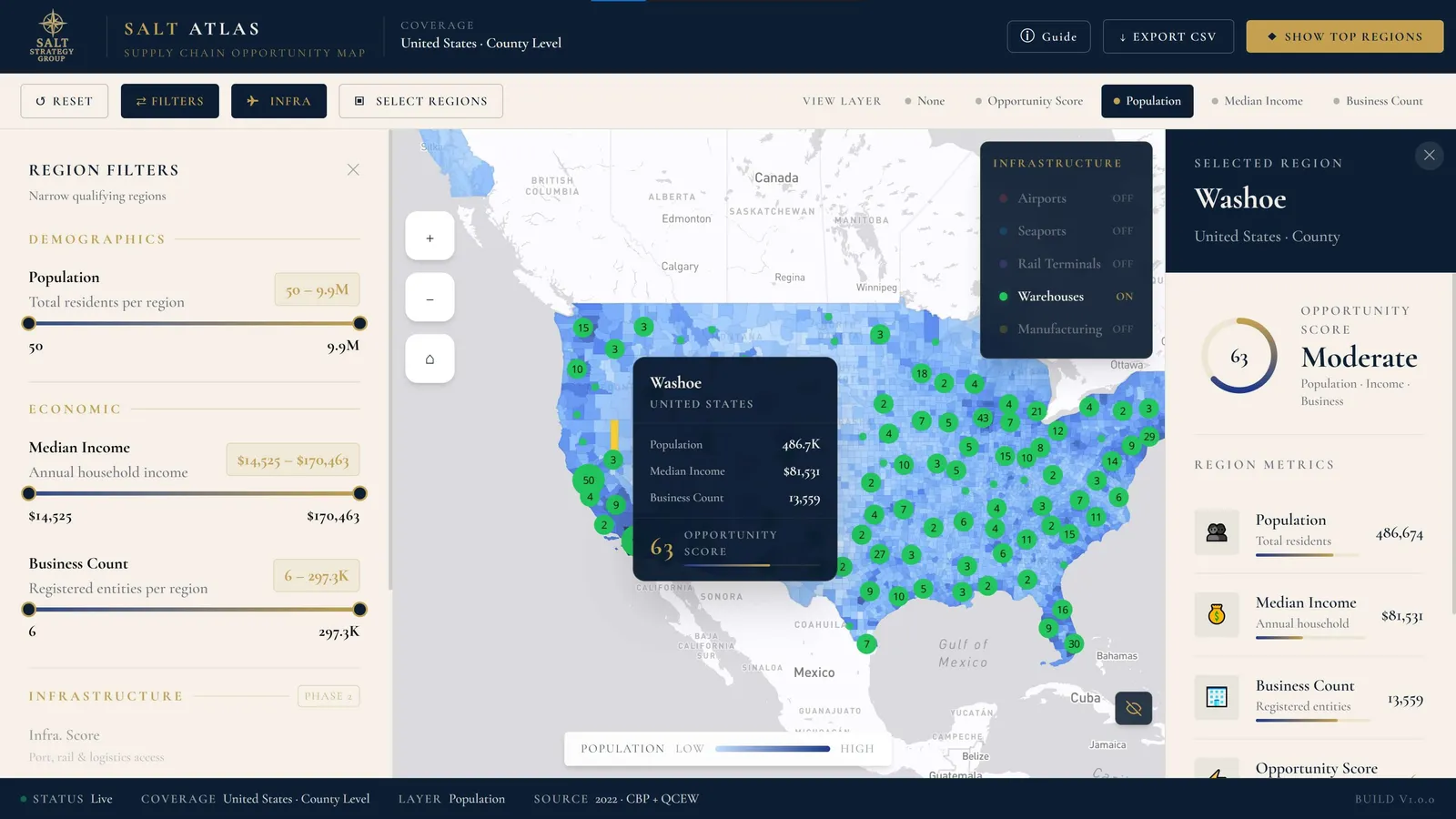 Salt Atlas geospatial analytics platform with county-level opportunity map of the United States