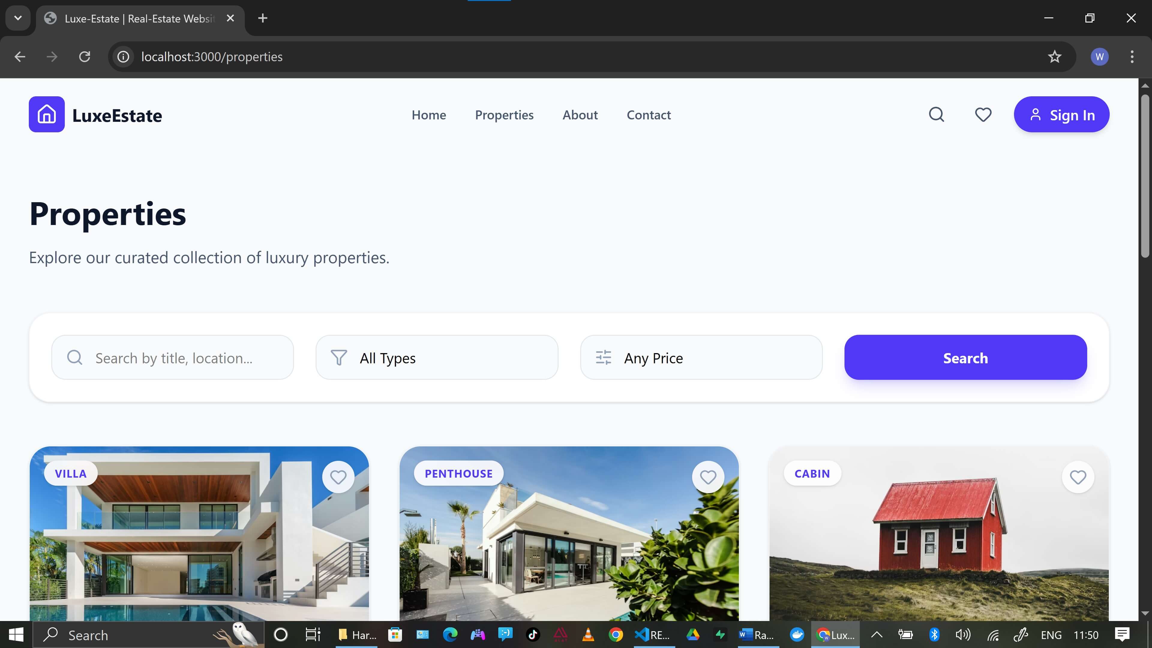 Workload Studios Estate real estate website displaying property listings with search and inquiry features