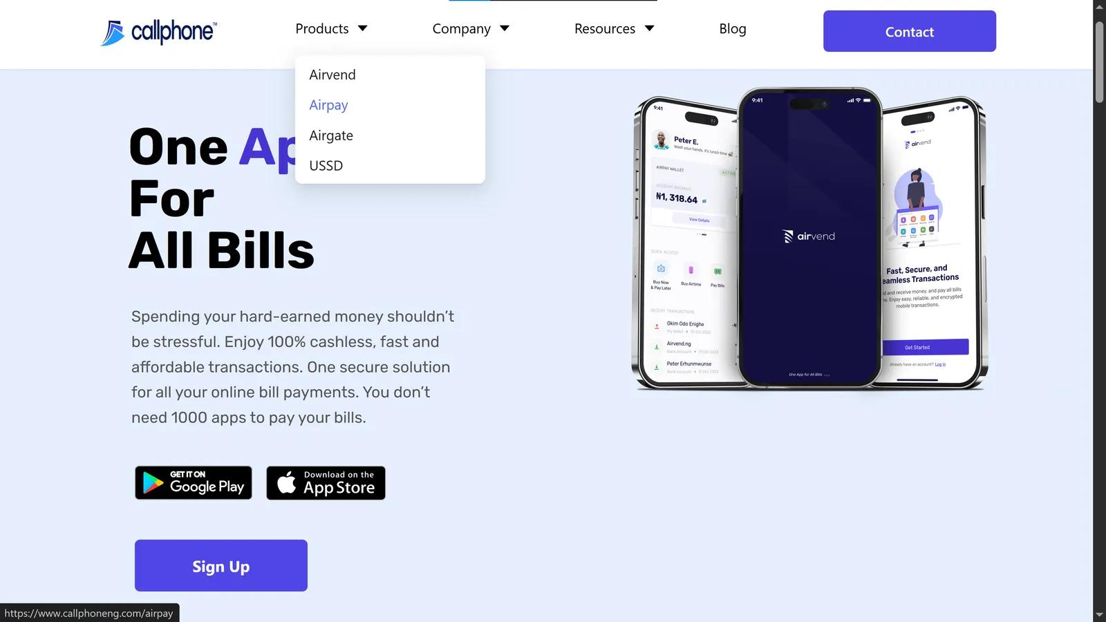 Callphoneng digital payments platform showing bill payments and airtime top-up features
